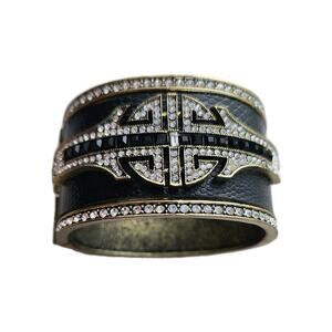HEIDI DAUS Art Deco Black Leather Swarovski Crystal Cuff Bangle Bracelet Big